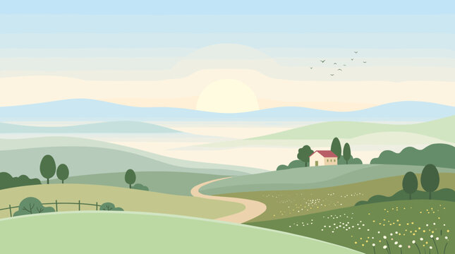 Calm vector landscape of rolling green hills at sunrise. Idyllic countryside with a farmhouse, path, and foggy mountains. Perfect for web or print.