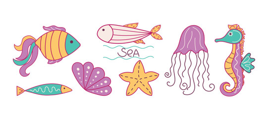 Shells, marine animals, starfish. A colorful, vibrant set featuring a seahorse and jellyfish, doodles, and illustrations. Travel, summer vacation at the sea. Vector illustration. © Olga