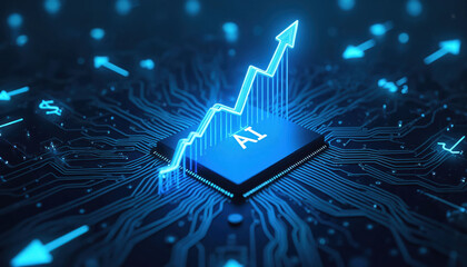 Obraz premium Glowing blue line graph ascends over AI chip on circuit board. Digital arrows point in various directions. Concept shows data, growth, future tech.