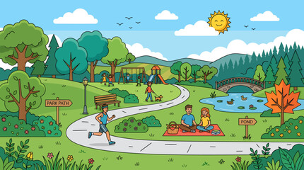Obraz premium People enjoy a sunny day outdoors in a park with a pathway and trees