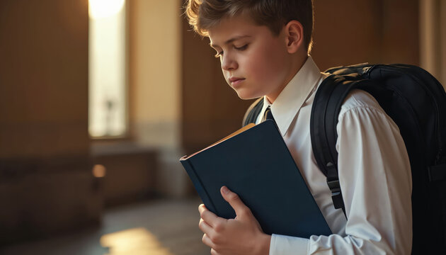 Young boy in school uniform carries backpack and holds book. He looks down thoughtfully, possibly on his way to class. Sunlight illuminates his hair and face.