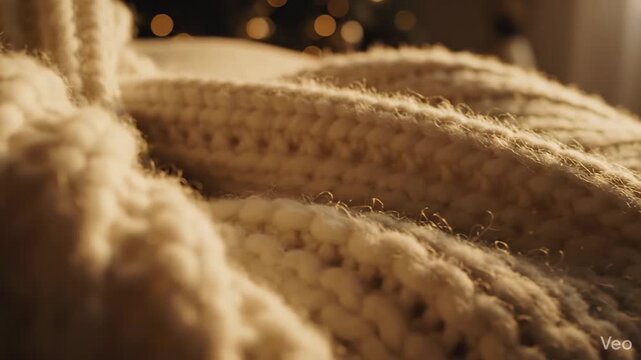 Cozy Textured Knit Blanket with Warm Bokeh Lights