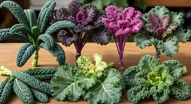 Colorful cavolo nero and lacinato kale varieties on a wooden surface