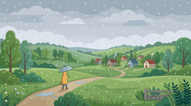 Person walks on a winding road through a snowy village landscape with trees and houses