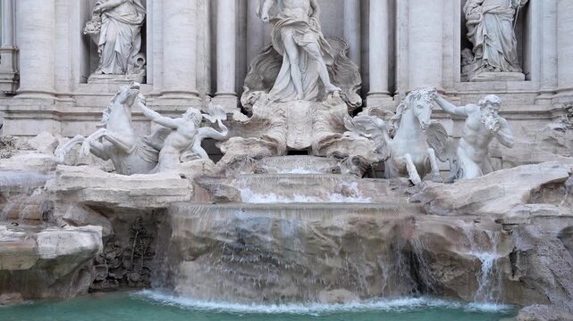 Rome,Italy - April 14, 2026: Slowmotion of water flow at Fontana di Trevi