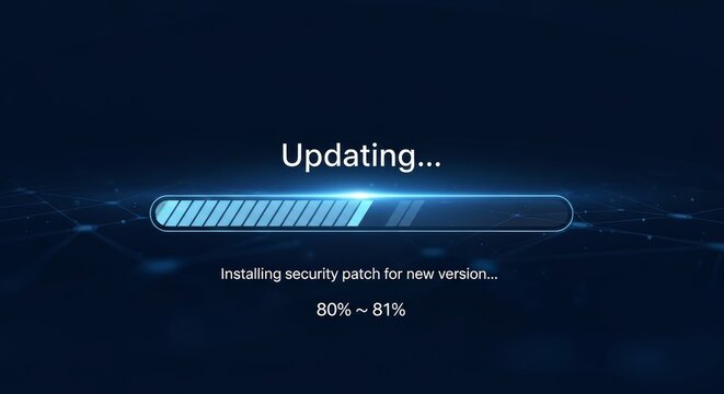 Digital system update progress bar indicating a critical security patch installation for enhanced software performance and data protection on a futuristic network background