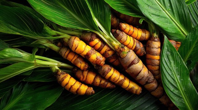 Fresh turmeric root with vibrant green leaves closeup for culinary or health concepts