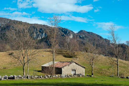 Old farmhouse in the production area of ​​the taleggio, a famous Italian cheese. Val Taleggio, Lombardy, Italy