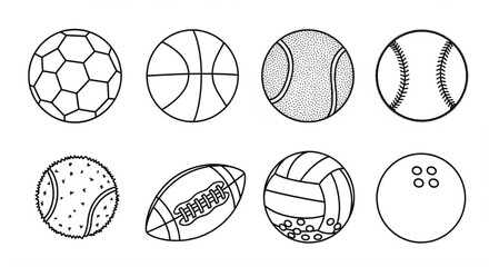 Fototapeta premium Minimal Line Art Sports Balls Vector Set – Football, Basketball, Tennis and Game Equipment Outline Illustration Design