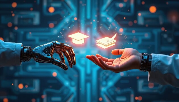 Robot arm, human hand exchange glowing graduation cap, book. Future education tech collaboration, digital learning, artificial intelligence in teaching, virtual classroom. Science, research,