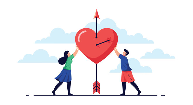 Man and woman working together to hold up a giant red heart with an arrow through it against a blue sky with white clouds.