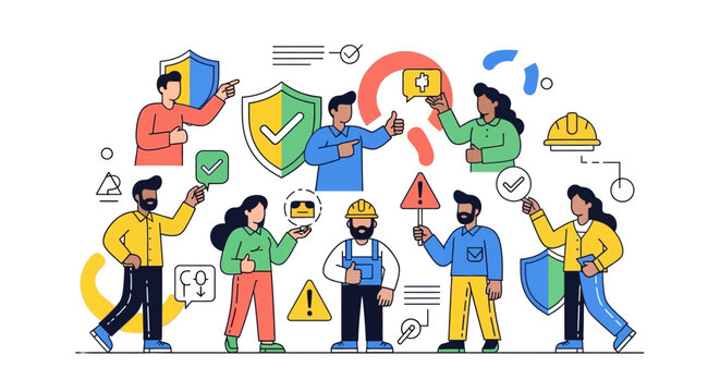 A colorful vector illustration depicts diverse people promoting workplace accident prevention for World Day for Safety and Health at Work, emphasizing a safe and healthy work environment