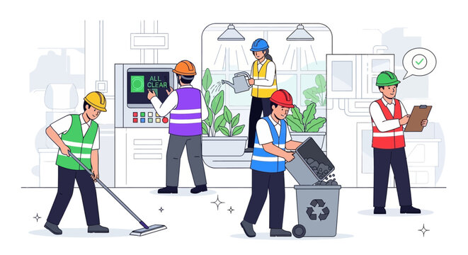 Illustrative vector art showcases workers in a safe and healthy work environment, participating in workplace accident prevention as part of a prevention campaign, with a focus