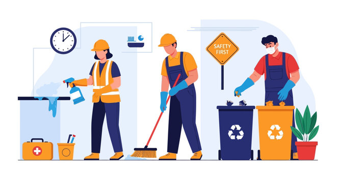 Illustrated safety vector showcasing workers in personal protective equipment doing sanitation and waste management in a work environment, promoting accident prevention, conveying a clean