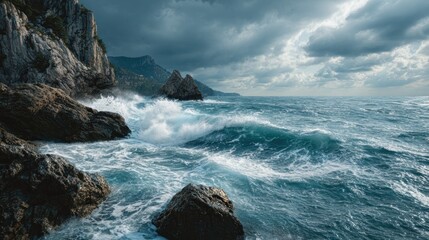 Fototapeta premium Dramatic seascape with crashing waves against rocky cliffs under stormy skies