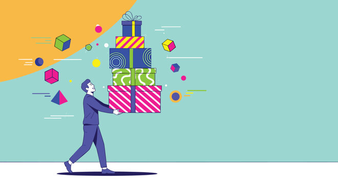 Happy man in a blue suit walking while carrying a very tall stack of colorful wrapped gift boxes with geometric shapes floating around.