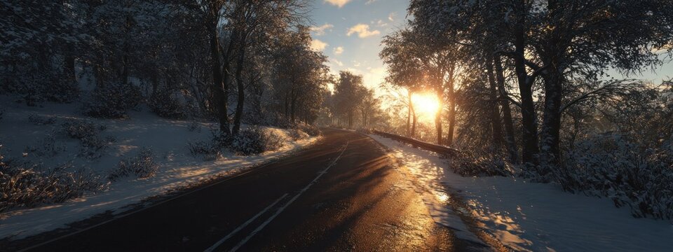 Road through snowy forest illuminated by sunlight during daytime