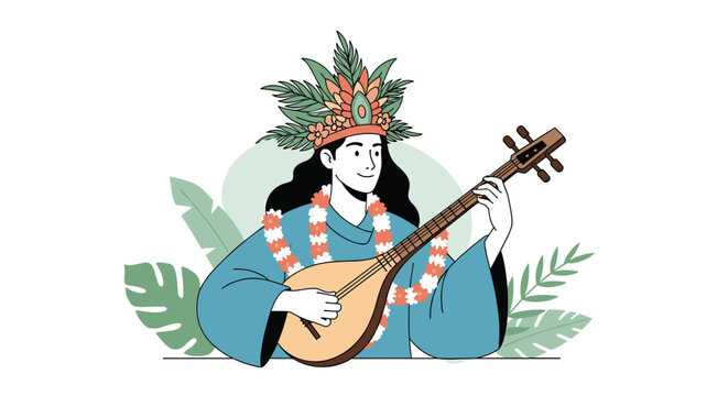 Traditional musician wearing a feathered headpiece and flower garland while playing a classic lute instrument.