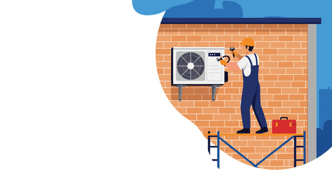 Professional repairman standing on a scaffold to fix an outdoor air conditioning unit mounted on a brick wall.