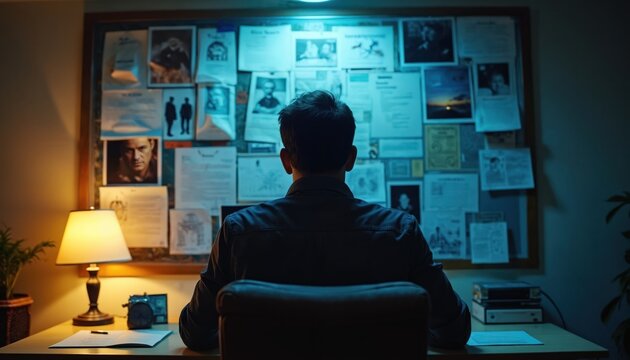 Man at desk reviews investigation board. Detective studies clues, photos, and documents late at night in office. Person analyzes case details on wall.