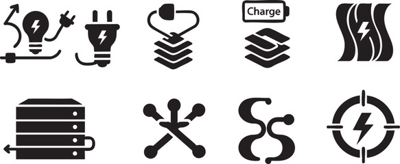 Naklejka premium Set of Sustainable Energy Infrastructure and Smart Power Storage Silhouette Icons