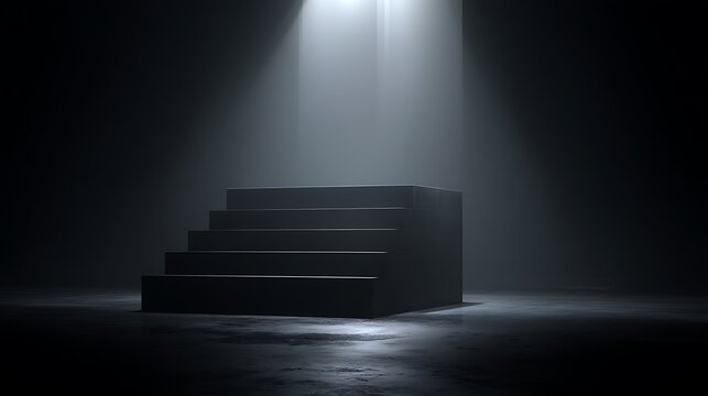 Dark minimalist cube on reflective black surface with dramatic lighting, isolated on white