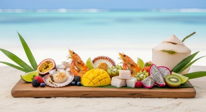 Seafood and tropical fruits arrangement on wooden board with ocean backdrop