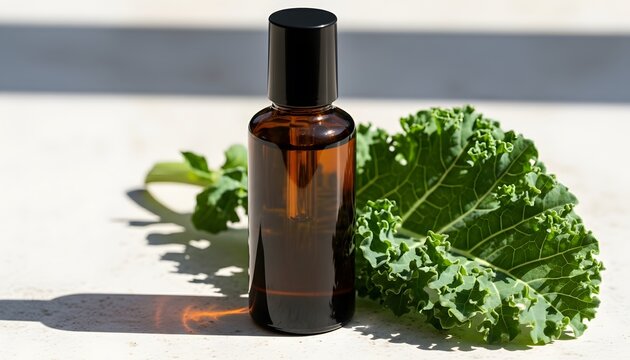 Amber glass roller bottle with essential oil and fresh kale leaves