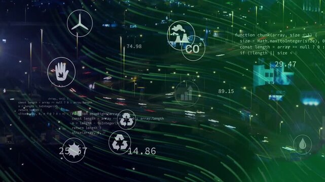 Light trails activating overlay, icons fading, metrics updating, code scrolling, mapping emissions