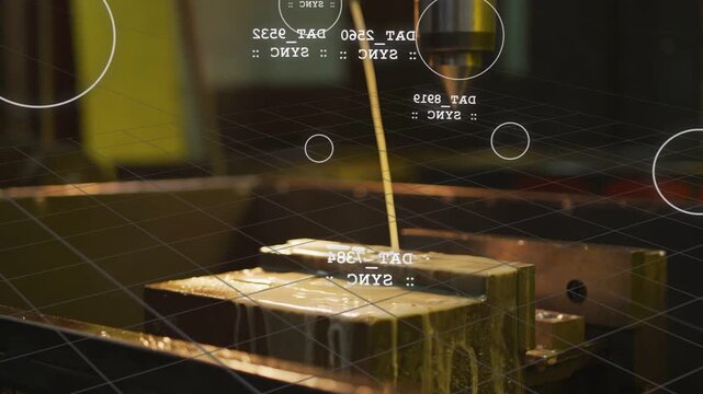 Nozzle dispensing molten stream on workpiece in factory HUD overlays tracking gloss layer forming