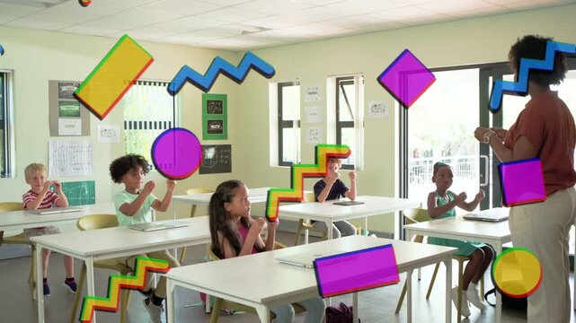 Teacher gesturing, students copying school lesson while animated shapes hiding faces then clearing