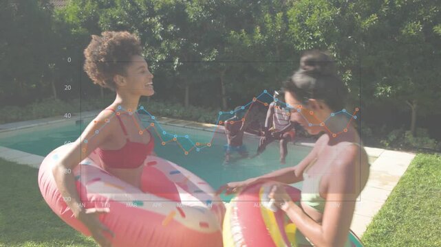 Two women walking to pool with donuts adjusting while chart overlay showing leisure data for fun