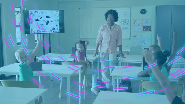 Teacher entering class, calling students answering while magenta cyan overlay rotating across frame
