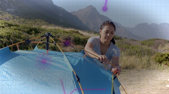 After setup, hiker threading poles, pulling straps for camping, purple icons drifting over hands