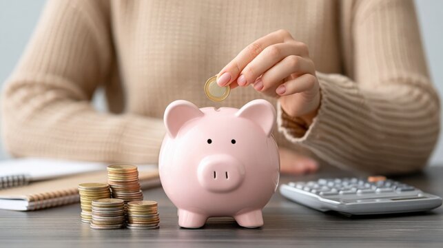 Person in beige sweater dropping coin into pink piggy bank with coins and calculator