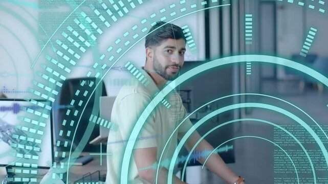 Tech man responding to teal HUD activating, turning toward camera, crossing arms, smiling