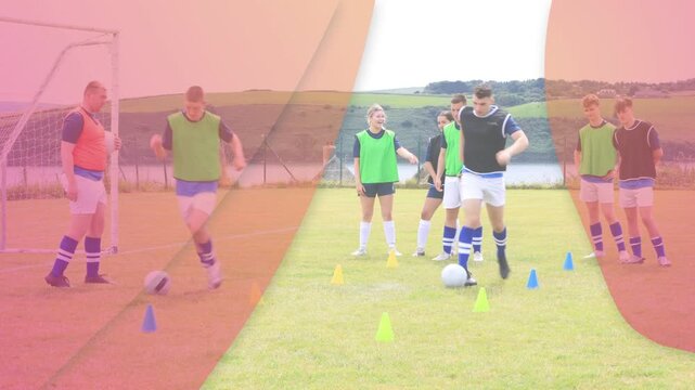 Team training soccer dribbling pitch, player entering cone grid starting run, overlay tinting frame
