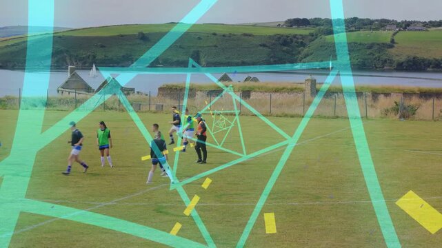 Sports ref restarting play, teams contesting ball regaining, teal or yellow overlay obscuring center