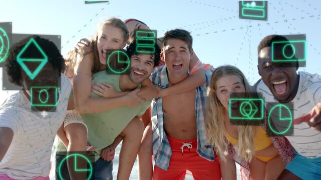 Group of friends posing at sunny beach after camera cueing, HUD icons linking faces for marketing