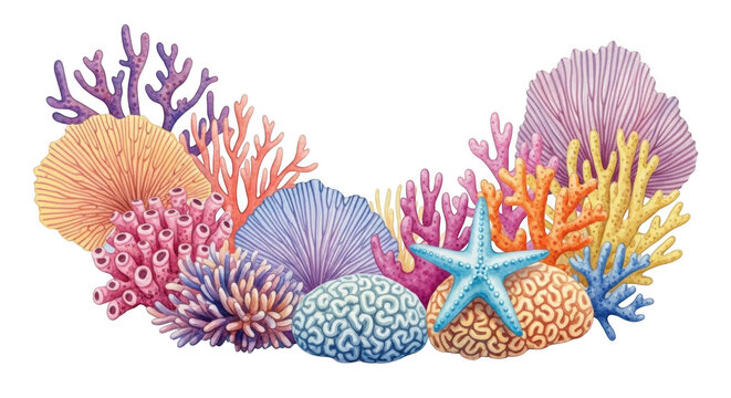 Colorful coral reef elements isolated on transparent background