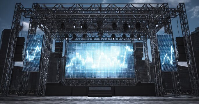 Modern stage setup with large screen display and sound system outdoors