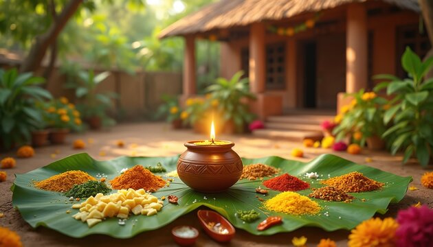 Traditional Ugadi festival spread with symbolic tastes like sweet, sour, bitter, salty, spicy, astringent ingredients arranged on banana leaf. Lit diya oil lamp sits centrally, signifying new