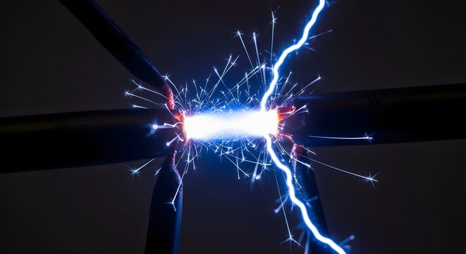 Electrical arc with bright blue spark discharge between metal rods abstract