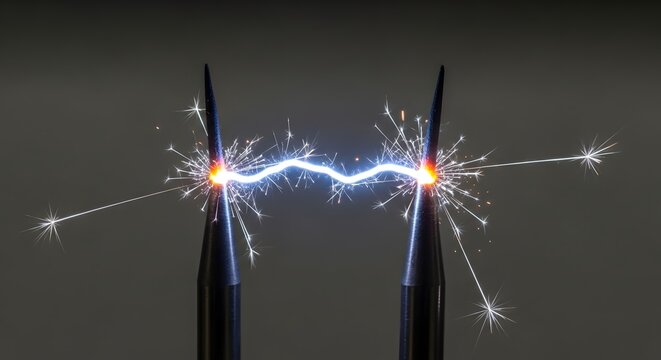 Electric arc with blue sparks jumping between sharp metal points abstract