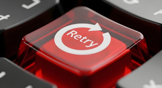 Macro view of transparent red retry keyboard button with white symbol