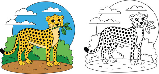 A colorful cheetah with a leaf contrasts a black and white outline version © Rubi
