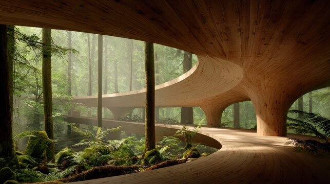 Modern architectural interior overlooking a lush green forest environment