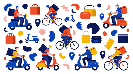 Fototapeta premium Food delivery service with couriers on scooters and bicycles bringing orders to customers, fast and efficient urban logistics concept