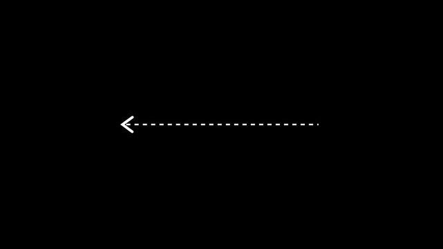 Left arrow direction icon with dotted line animation on white background. dot arrows icon sign animated with alpha channel. Black straight arrows animation. Reveal animation of solid, dashed.