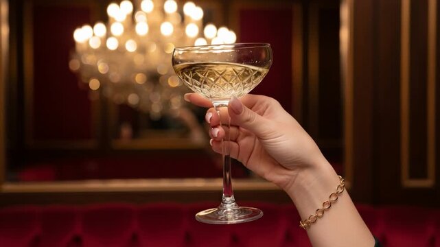 お酒の入ったグラスを傾ける女性の手元